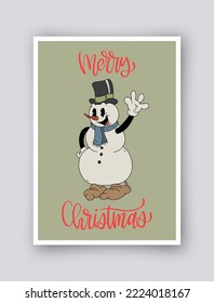 Cute simple Christmas card in retro cartoon style. Vector winter holiday invitation isolated on background