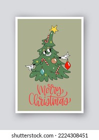 Cute simple Christmas card with Christmas tree in retro cartoon style. Vector winter holiday invitation isolated on background
