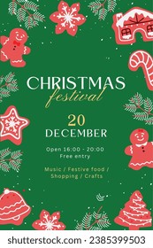 Cute Simple Christmas Festival Invitation Flyer. Dark green and maroon.