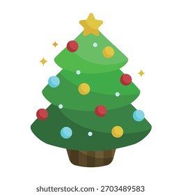 Niedliche und einfache Weihnachtsbaum flache Vektorgrafik mit bunten Ornamenten. Einzeln auf weißem Hintergrund, perfekt für Urlaubsdesigns.