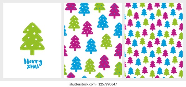Cute Simple Christmas Vector Card and 2 Christmas Tree Patterns.  White Background. Green, Blue and Dark Pink Trees. White And Blue Stars. Lovely Bright Christmas Design,