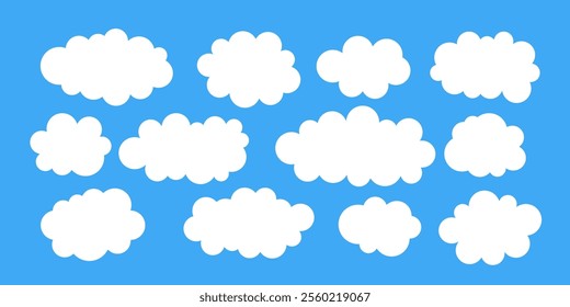 Cute simple clouds icon collection. Blue cloudy sky. Flat white cloud isolated. Funny cartoon weather elements. Abstract speech bubble