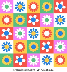 Cute simple colorful checkered seamless pattern with folk daisy flowers. Spring and summer background for kids. Funny texture for surface design. Vector illustration