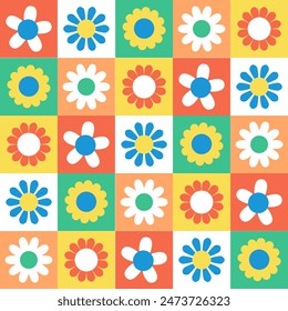 Cute simple colorful checkered seamless pattern with groovy daisy flowers. Spring and summer background for kids. Funny texture for surface design. Vector illustration