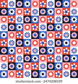 Cute simple colorful checkered seamless pattern with folk daisy flowers. Spring and summer background for kids. Funny texture for surface design. Vector illustration
