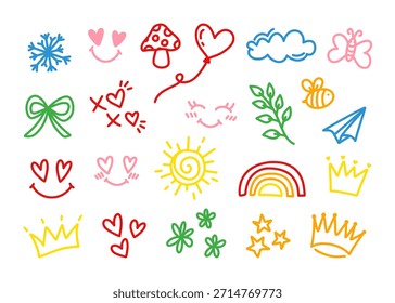 Conjunto de garabatos de Vector para niños lindo, simple y colorido. Cuenta con corazones, sol, arco iris, mariposa, setas y coronas. Elementos dibujados a mano perfectos para diseños infantiles, proyectos de scrapbooking.