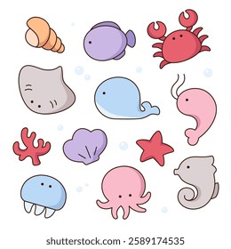 Cute simple comic cartoon style kawaii marine animals. Set of vector drawings, illustration