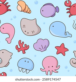 Cute simple comic cartoon style kawaii marine animals seamless pattern, background