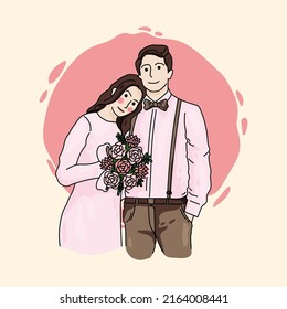 Cute Simple Couple Wedding Cartoon Illustration 