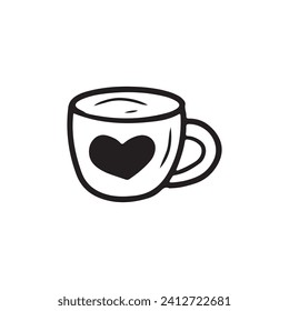 Cute simple cup of coffee, tea, and cocoa with a heart in black isolated on white background. Hand drawn vector sketch illustration in doodle vintage engraved outline, line art style. Date, love, warm