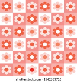 Cute and simple daisy vector design on coral and white background. Check repeat pattern. Suitable for wrapping paper, textiles, fabrics, wall paper.  Retro from 1960s or 1970s. Feminine and seamless.