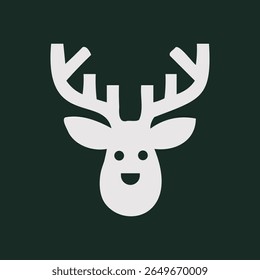 Cute and Simple Deer Head Illustration for Christmas Holidays, with White Silhouette against Dark Green Background, Festive and Merry