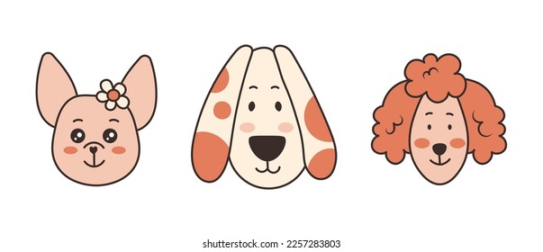 Cute simple dogs doodle collection. Set of Childish cartoon dogs muzzles or heads. Vector illustration for breeder, pet shop products decoration