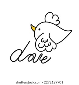 Un simple pájaro de garabato huyendo. Inscripción descuidada Amor. Letras y clipart para el diseño de primavera