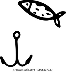 Cute simple doodle fish and anchor. Hand drawn vector illustration for fish market, surf shop, fishing shop, logo, marine life protection emblem. Elements isolated on white background.Underwater world