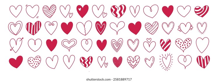 Cute simple doodle hearts sketch set. Different hand drawn heart icon love collection isolated on white background. Red heart symbol for Valentines Day.