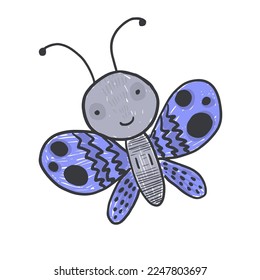 Cute simple doodle violet butterfly, purple moth. Doodle colorful fly insect for kids print design, greeting cards, cheerful childish decorating element