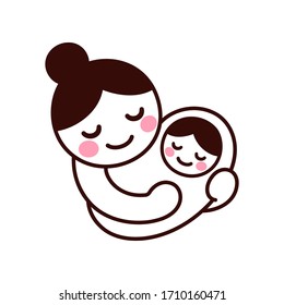 Cute and simple drawing of Mom holding baby. Hand drawn doodle of woman with newborn child. Isolated vector clip art illustration.