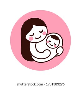 Cute and simple drawing of Mom holding baby. Hand drawn doodle of woman with newborn child. Isolated vector clip art illustration.