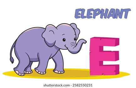 A cute and simple E for Elephant vector illustration perfect for preschool learning flashcards and educational materials isolated on a white background for easy use in kids’ education projects