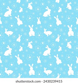 Cute and simple Easter background. Seamless pattern with hand drawn bunnies and flowers. Vector illustration