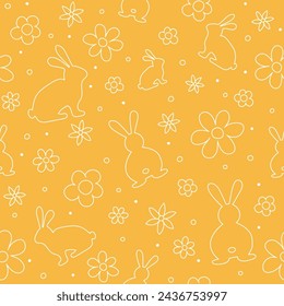 Cute and simple Easter background. Seamless pattern with hand drawn bunnies and flowers. Vector illustration