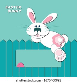 Cute and simple Easter Bunny vector illustration with white bunny, green fence, pink egg and space for text