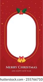 Cute simple elegant christmas frame with red background, bells, and holly berries for story instagram or social media post template