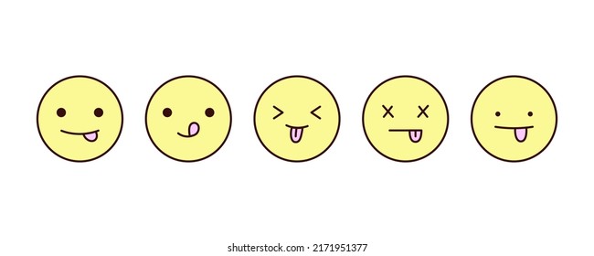 Cute and simple emoji set. Modern design emoticons face icons collection. Set of vector tongue smiles. Face emoji - teasing, licking, flirting, tired, exhausted.