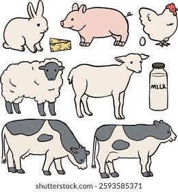 Cute simple farm animals illustration set