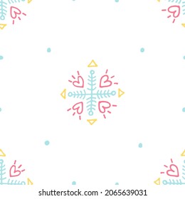 Cute and simple festive pattern or illustration in the form of an abstract cartoon snowflake in different pastel colors on a white background. Festive illustration or pattern