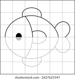 cute and simple fish drawing sketch with grid to learn how to draw for kids with gray trace drawing