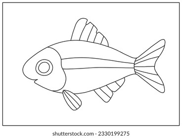 Cute simple fish in line art style. Printable colouring page for children. Ready to print black and white image.