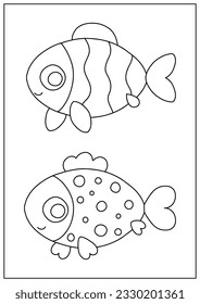 Cute simple fish in line art style. Kawaii character design. Printable coloring page for children. Ready to print a4 black and white image.