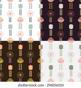 Cute simple flat flower seamless pattern set