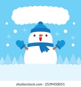 cute simple flat style snowman character with snow sign on winter background graphic vector