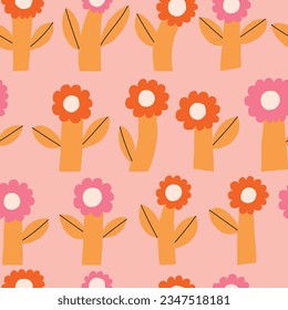 Cute and simple floral background. Seamless vector pattern with hand drawn bold flowers. Fun botanical texture