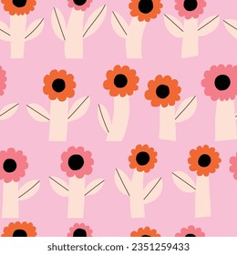 Cute and simple floral background. Seamless vector pattern with hand drawn bold flowers. Fun botanical texture