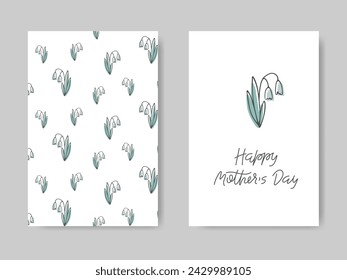 Cute Simple Floral greeting Cards set. Line drawn Doodle Snowdrop. Hand lettering wishes. Minimalist illustration. Women's Mother's Day Background collection