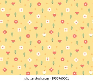 A cute, simple floral pattern on a yellow background. Simple pattern design template.
