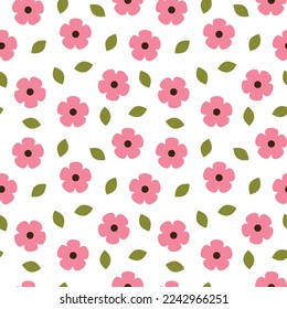 Un sencillo patrón floral sin costuras con pequeñas flores rosadas sobre fondo blanco.