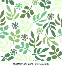 Cute simple floral vector seamless pattern. Green foliage, twigs, flowers on a white background. For fabric prints, natural eco products. Spring summer collection.