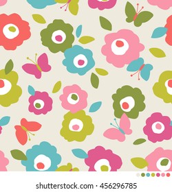 Cute simple flower and butterfly pattern vector background