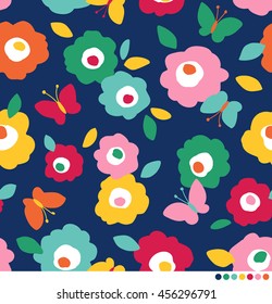 Cute simple flower and butterfly pattern vector background