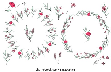 Cute simple flowers in doodle style. Set of wreaths, small bouquets, branches and elements of delicate pastel flowers on a white background. Hand drawing. Isolated objects.