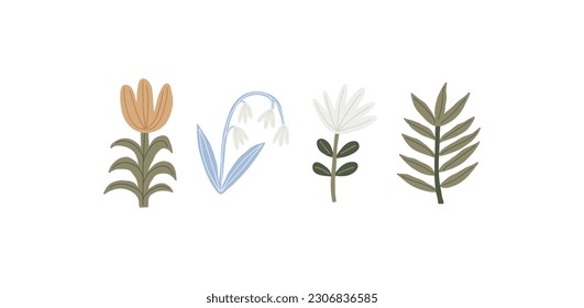 Cute Simple Flowers - flat illustration in modern style. Vector illustration with flowers, leaves