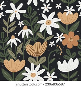 Cute Simple Flowers - flat illustration in modern style. Vector illustration with flowers, leaves. Seamless pattern