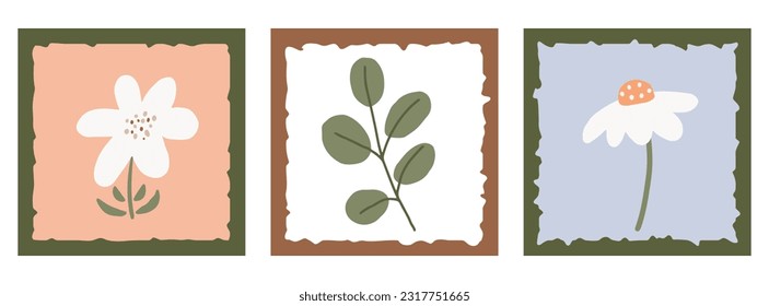 Cute Simple Flowers and Leaves Vector Illustration in Pastel Colors. Abstract Botanical Nursery Decoration. Naive Art, Infantile Style, Wall Art, Kids Poster