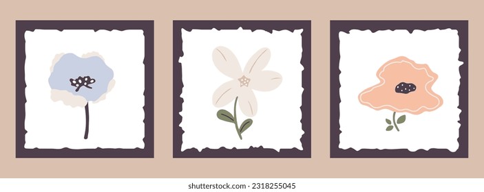 Cute Simple Flowers and Leaves Vector Illustration in Pastel Colors. Abstract Botanical Nursery Decoration. Naive Art, Infantile Style, Wall Art, Kids Poster