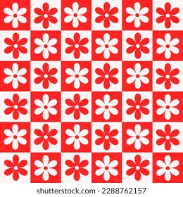 Cute simple flowers seamless pattern on red and white checkerboards. For wallpaper, home décor, wrapping paper and posters